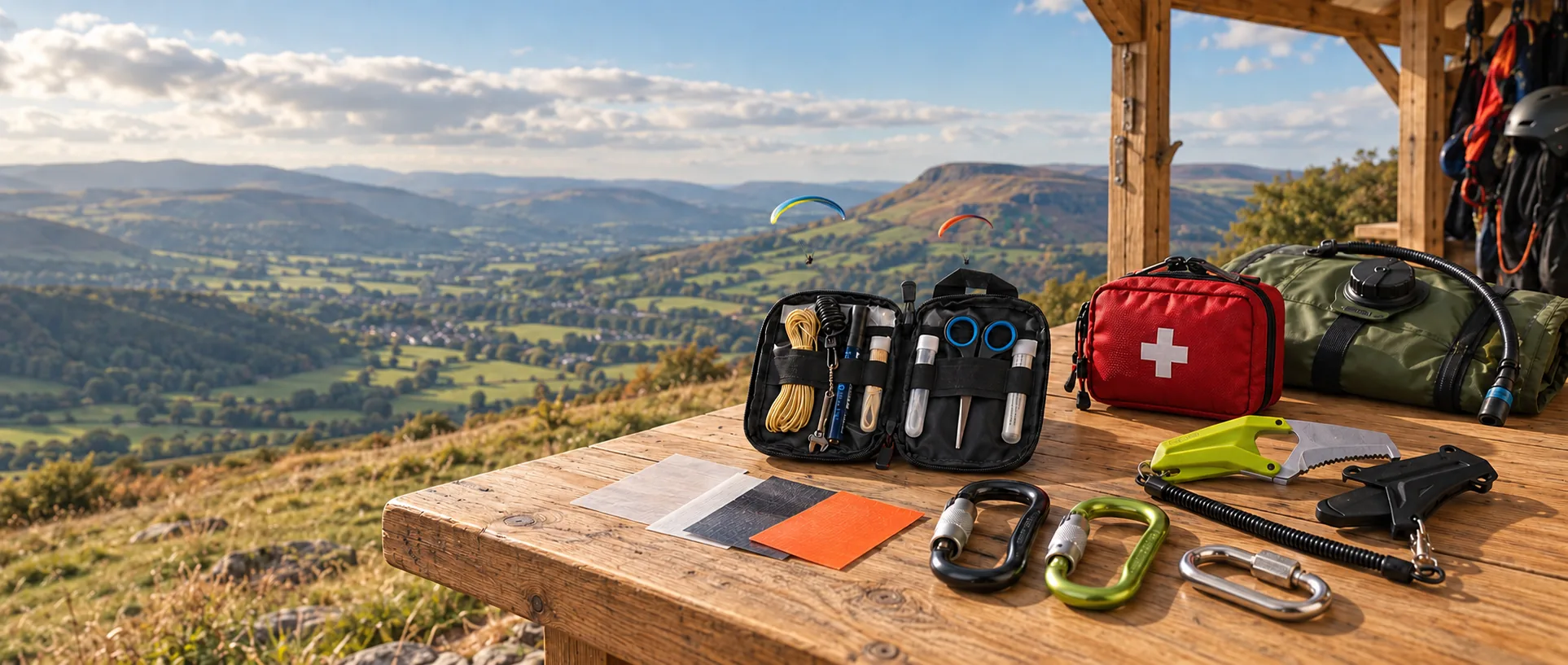 Illustration of paragliding accessories on a wooden table overlooking Welsh hills, with two paragliders in the distance