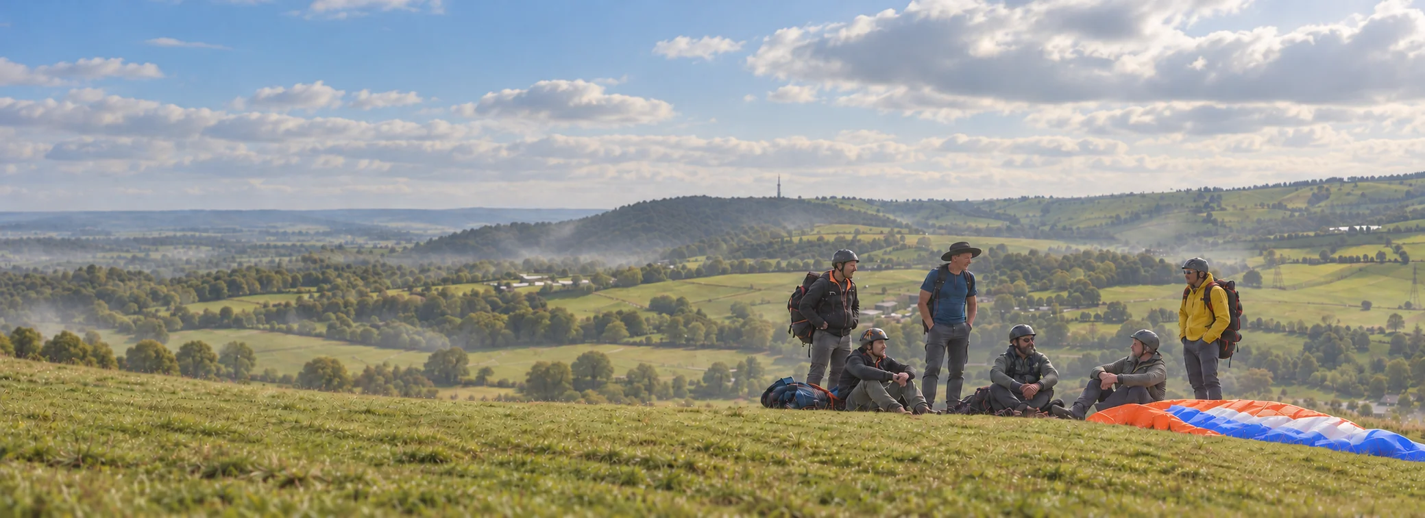A group of paraglider pilots talking on a grassy hillside beside a laid-out wing