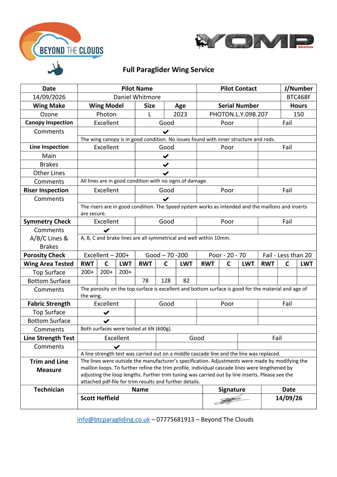 Example Beyond The Clouds wing service report with inspection and test results