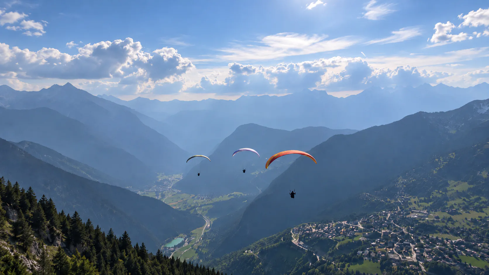 Three paragliders flying above a sunlit Alpine valley